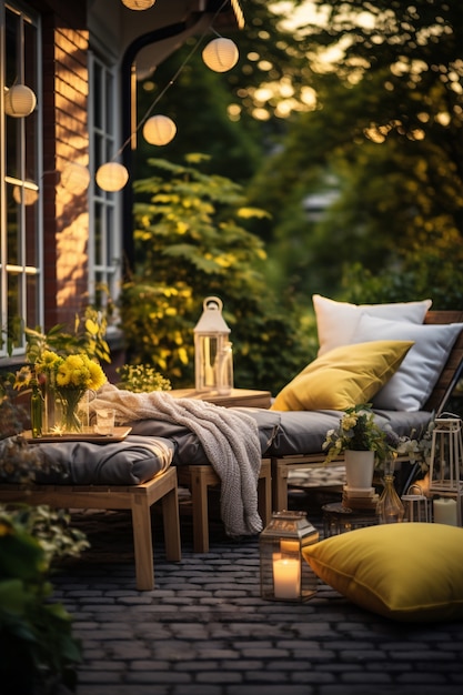 Rustic patio furniture on house deck with vegetation