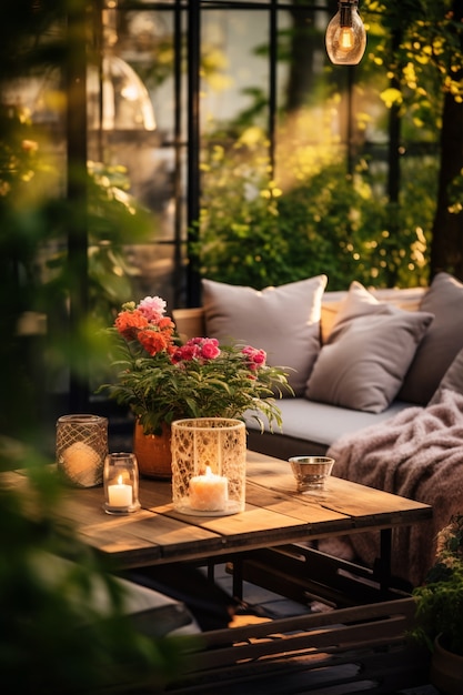Деревенская мебель патио на террасе дома с растительностью