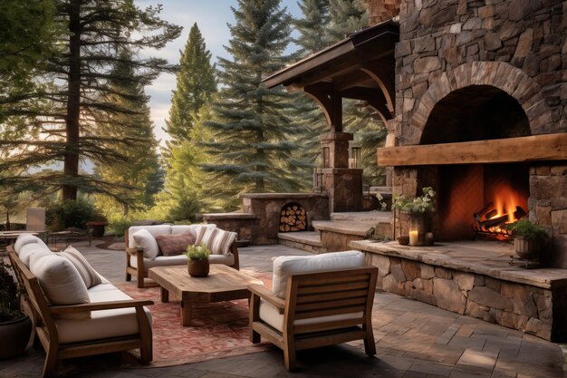 Rustic patio with deck furniture and vegetation