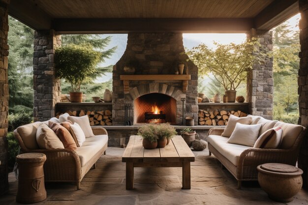 Rustic patio with deck furniture and vegetation