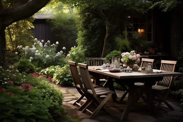 Rustic patio with deck furniture and vegetation