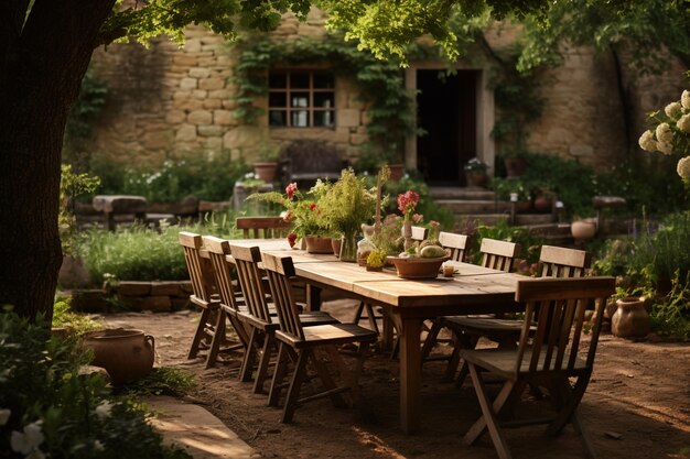 Rustic patio with deck furniture and vegetation