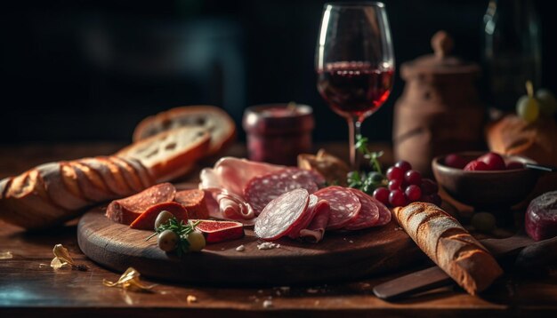 Rustic prosciutto plate fresh bread Italian wine generated by AI