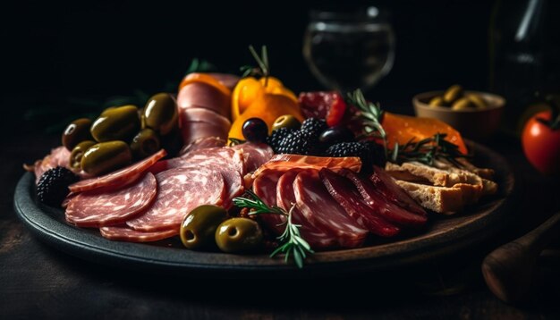 Foto gratuita piatto rustico di prosciutto con variazione di carne affumicata generato da ai