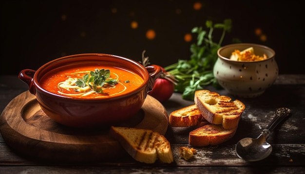 Rustic pumpkin soup served with fresh bread generated by AI