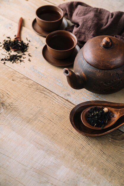 Rustic set of teapot and cups high view