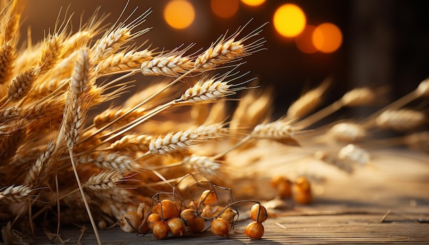 Rustic table golden wheat ripe corn celebrate bountiful harvest generated by artificial intelligence