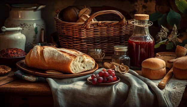 Rustic table with fresh homemade gourmet meal generated by AI