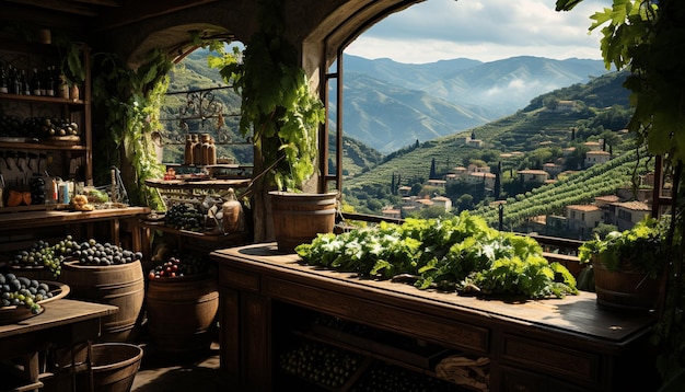 Foto gratuita una cantina rustica in montagna immersa nel verde dei vigneti generati dall'intelligenza artificiale