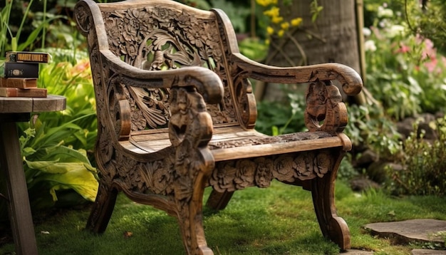Бесплатное фото Деревенская деревянная скамейка в тихом лесу, созданная искусственным интеллектом