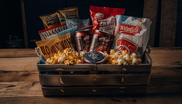 Free photo a rustic wooden crate stacked with unhealthy snacks generated by ai