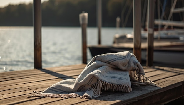 Free photo rustic wooden table on tranquil jetty pier generated by ai