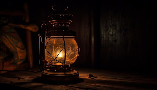 Rusty lantern glowing with kerosene flame outdoors generated by AI