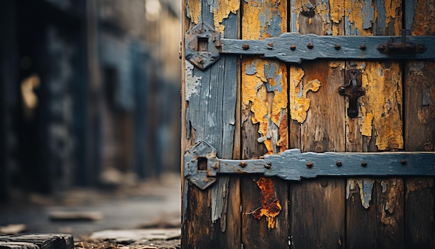 Foto gratuita porta di metallo arrugginita, legno deteriorato, serratura antiquata, edificio abbandonato generato da intelligenza artificiale