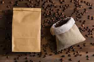 Free photo sack and package with coffee beans