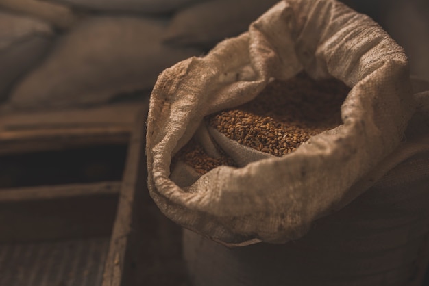 Sack with food on farm