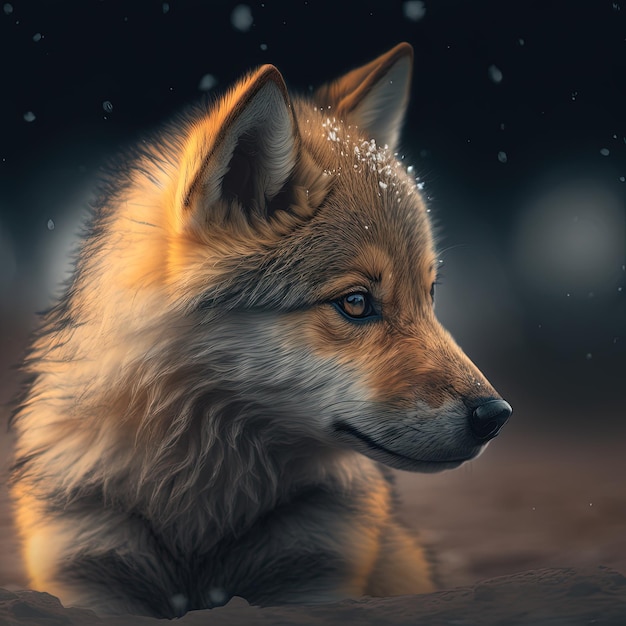 Sad baby wolf in the forest waiting outdoor generative ai
