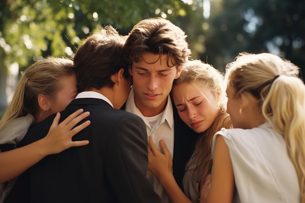 Free photo sad family mourning at funeral