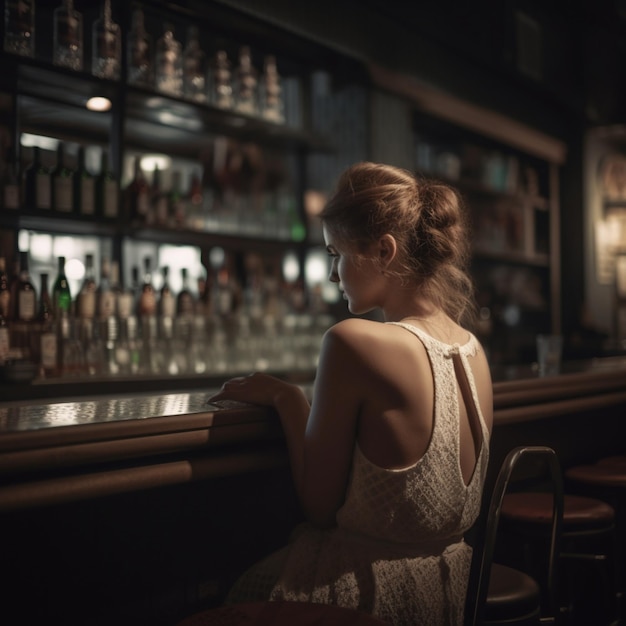 Free photo sad girl sitting alone in trendy city bar