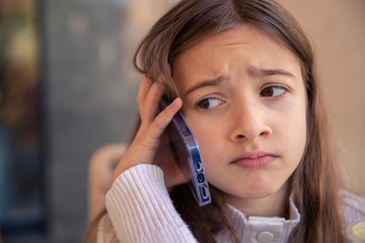 Free Photo sad girl talking on the phone a girl with a phone