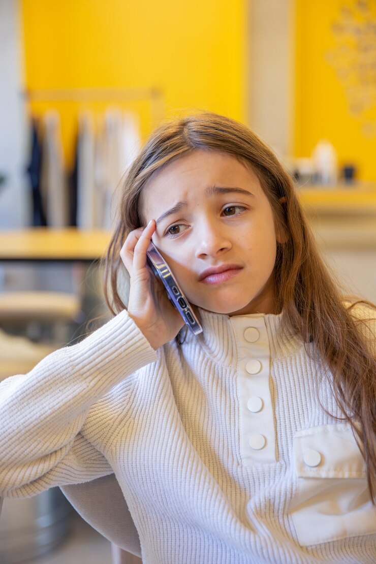 Free Photo sad girl talking on the phone a girl with a phone