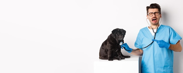 Бесплатное фото Печальный мужчина-ветеринар осматривает симпатичного маленького собачьего мопса со стетоскопом, указывающим на домашнее животное и плачущим стоя