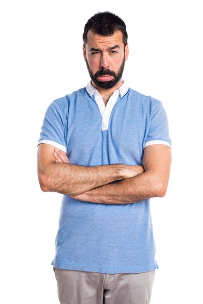 Sad man with blue shirt