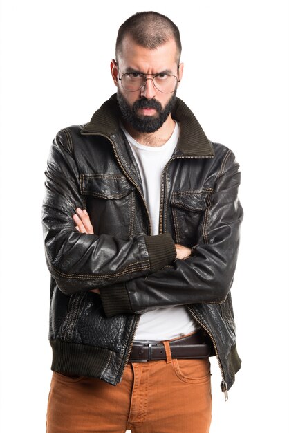 Sad man with leather jacket