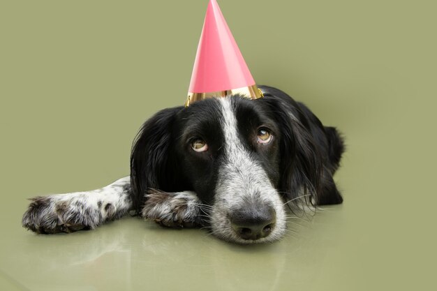Sad party dog wearing a birthday hat lying down on green background