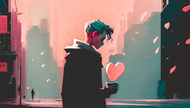 Sad teenager guy on the background of the city generative AI