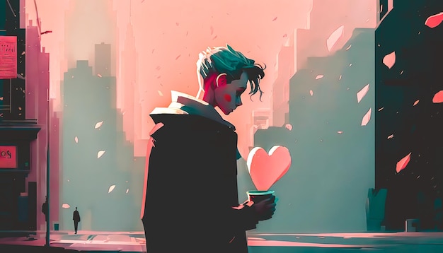 Sad teenager guy on the background of the city generative AI