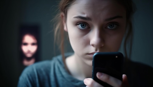 AI によって生成された携帯電話の画面を見て悲しい若い女性