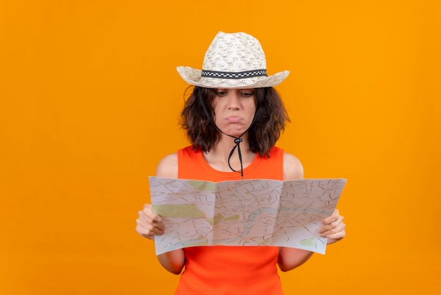 A sad young woman with short hair in an orange shirt wearing sun hat holding map and looking at it 