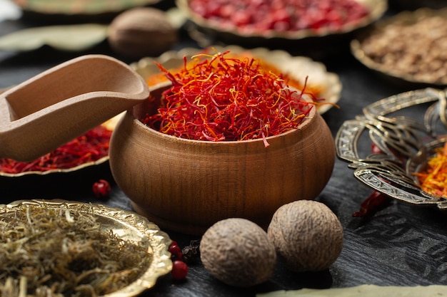 Saffron and other spices still life composition