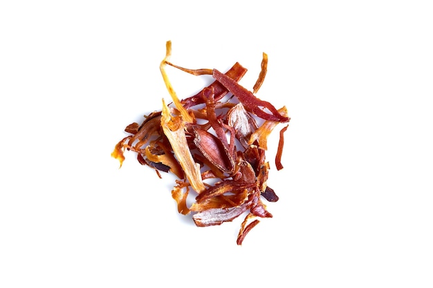 Saffron spice threads isolated over white background. Safranum. Top view. Still life. Copy space. Flat lay
