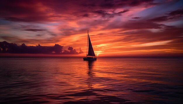 Sailboat sails into the orange horizon over water generated by AI