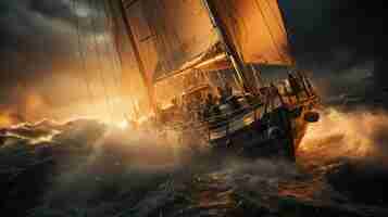 無料写真 嵐の海の帆船