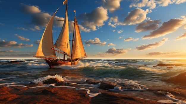 Бесплатное фото Парусная лодка в море на закате
