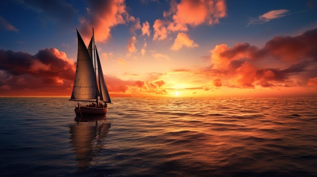 夕暮れの海に浮かぶ帆船 夕暮れの海に浮かぶ帆船
