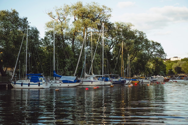 Foto gratuita barche a vela e yacht sul molo a stoccolma davanti al centro della città