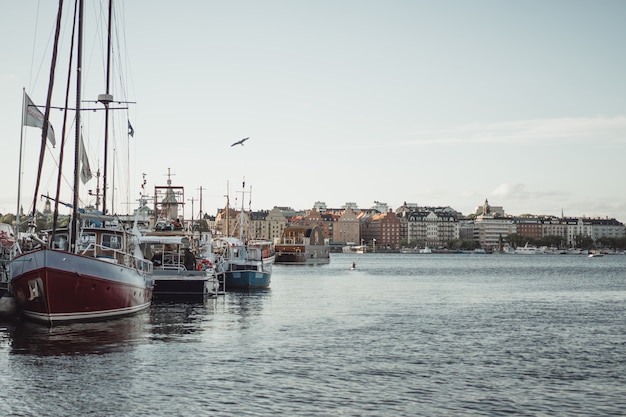 sailing boats and yachts on the pier in Stockholm front of the city center