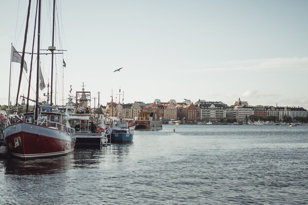 sailing boats and yachts on the pier in Stockholm front of the city center