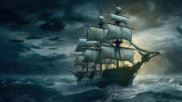 Парусный старый корабль в штормовом море, созданное искусственным интеллектом изображение