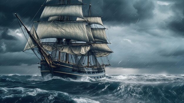 Sailing old ship in a storm sea AI generated image