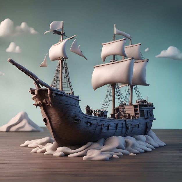 Парусный корабль в океане 3D рендеринг в винтажном стиле