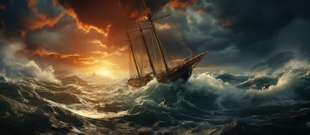 Sailing ship in the sea at sunset