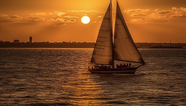 Free photo sailing ship silhouette back lit by sunset generated by ai