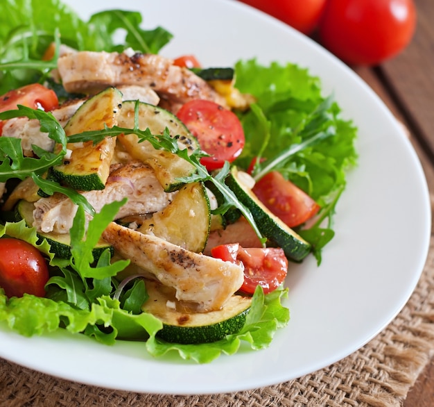 Free photo salad of chicken breast with zucchini and cherry tomatoes