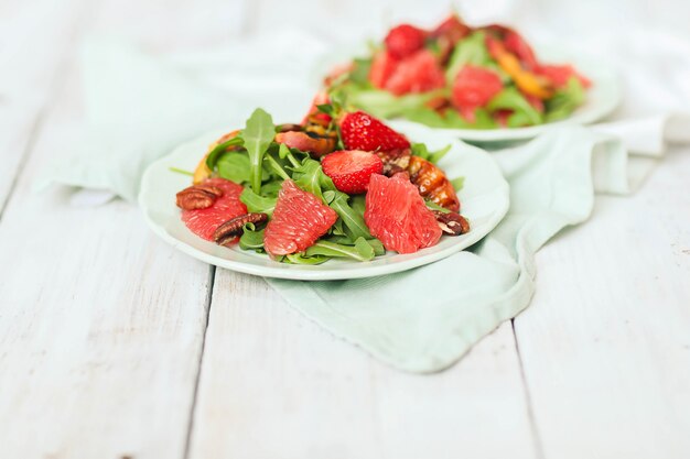 Salad on white table