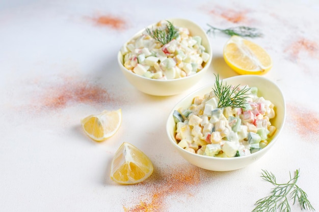 Salad with crab sticks, eggs, corn and cucumber.